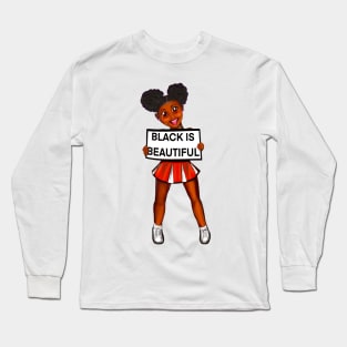 Black is beautiful black girl cheerleader with Afro hair in puffs, dimples, brown eyes and dark brown skin side profile. Hair love ! Long Sleeve T-Shirt